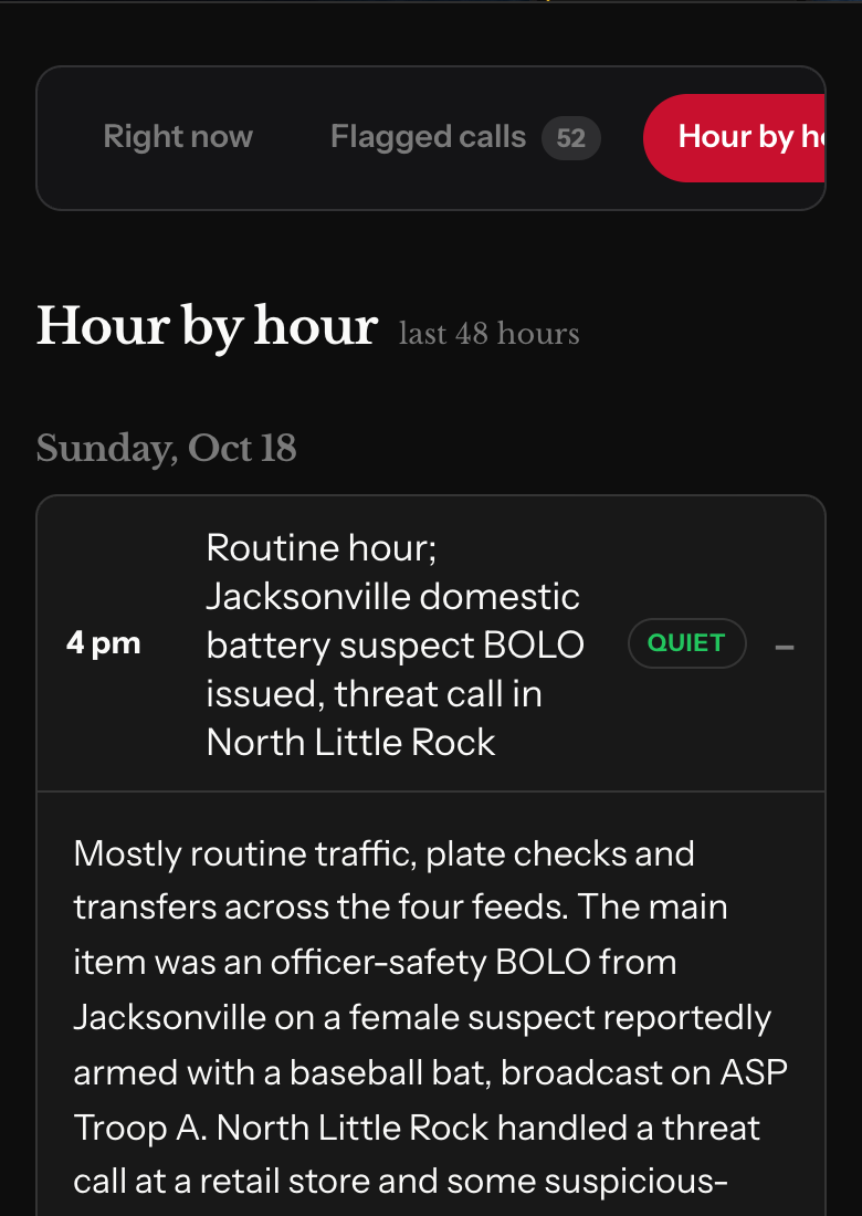 The Hour by hour tab: a collapsible list of every hourly recap from the last 48 hours
