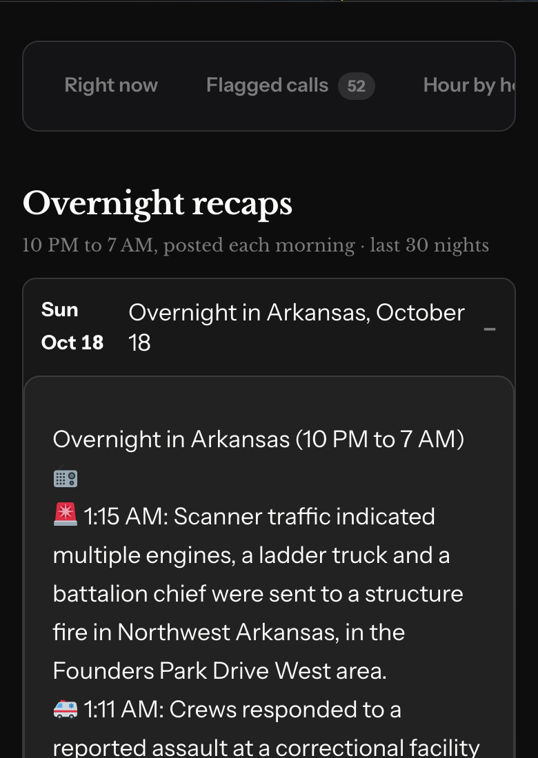 The Overnight tab: each night's 10 PM to 7 AM recap, newest open