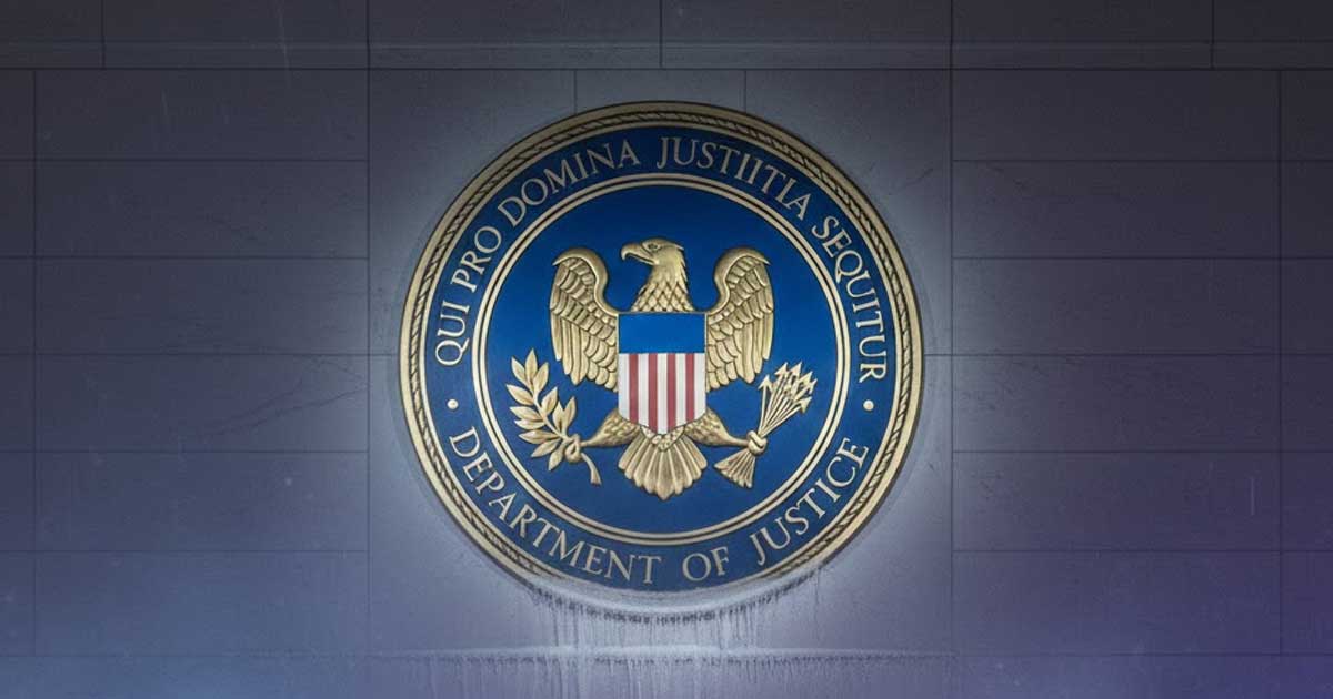 A large Department of Justice seal glows on a grey stone wall above a snowy ground. In the foreground, the front ends of two police cruisers face each other, their headlights creating a bright glare through a thick, misty snowfall. Icicles hang from the bottom of the circular seal.