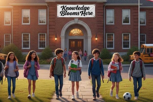 Children walking out of a school building in Arkansas