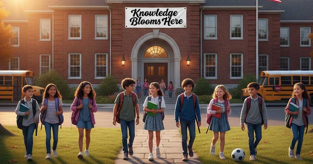 Children walking out of a school building in Arkansas