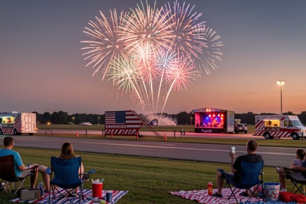 Fireworks over a municipal airport during a Fourth of July community celebration.