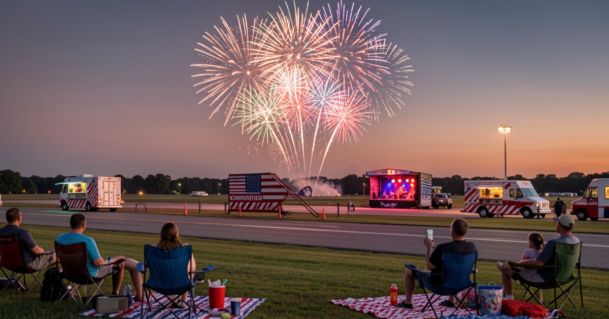 Fireworks over a municipal airport during a Fourth of July community celebration.