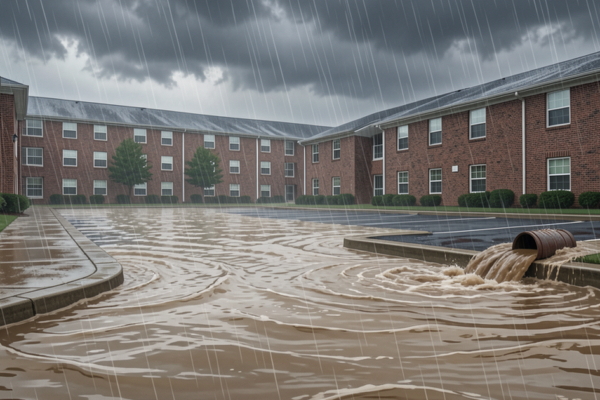 Floodwater flowing through Beacon Point Apartments in Texarkana, Arkansas