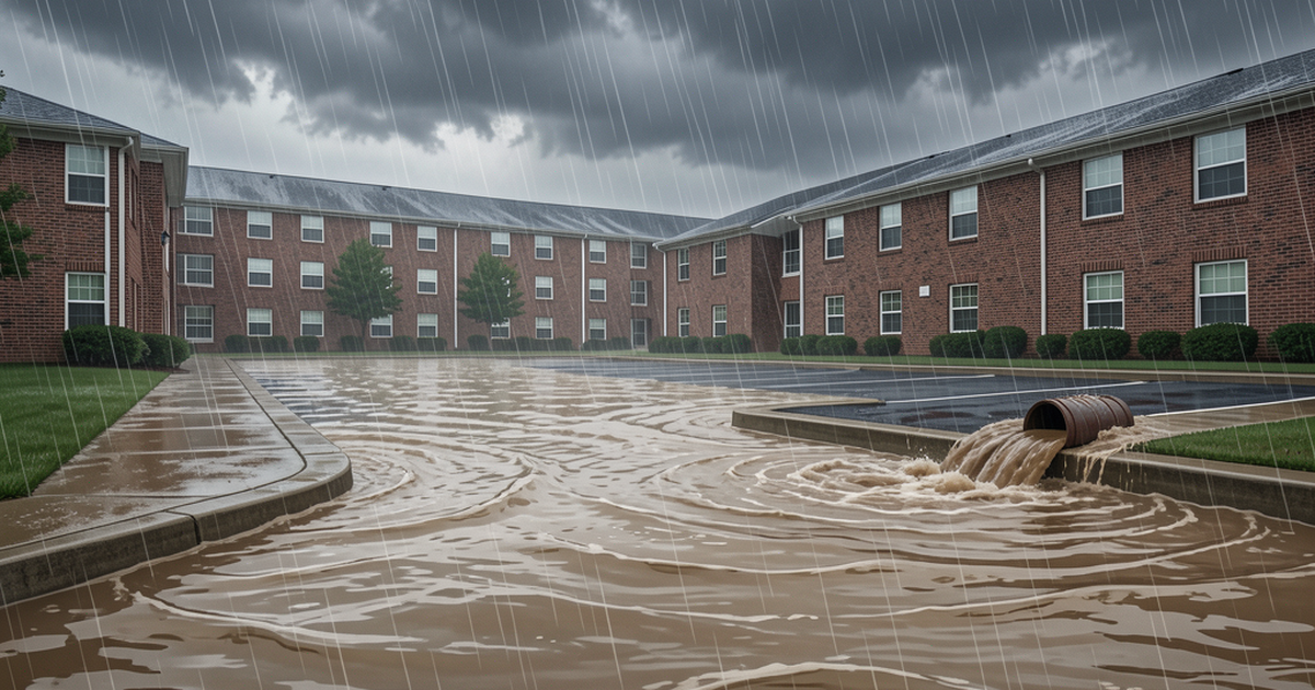 Floodwater flowing through Beacon Point Apartments in Texarkana, Arkansas
