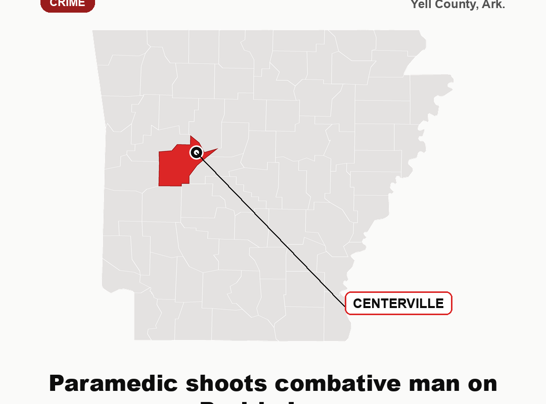 Map of Arkansas highlighting Yell County and Centerville, site of a July 2 shooting