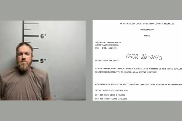 Booking photo of Adam Wayne Worthen beside the Benton County arrest warrant charging him with rape and incest