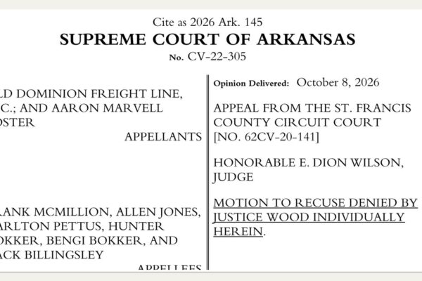 First page of Justice Rhonda Wood's opinion denying recusal in Old Dominion Freight Line v. McMillion