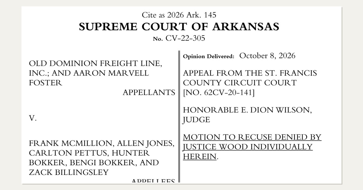 First page of Justice Rhonda Wood's opinion denying recusal in Old Dominion Freight Line v. McMillion