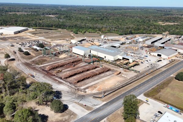 Aerial view of the Canfor Iron Mountain sawmill and log yard in El Dorado, Arkansas
