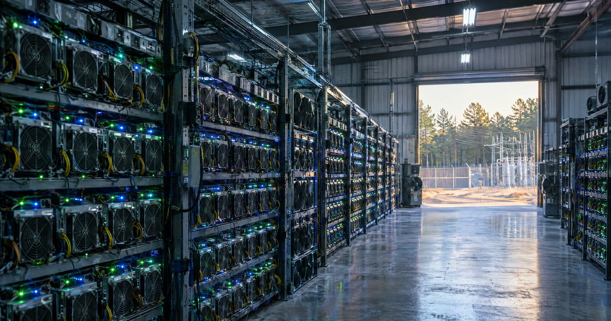 Illustration of rows of cryptocurrency mining machines inside a warehouse, with a power substation visible through an open bay door