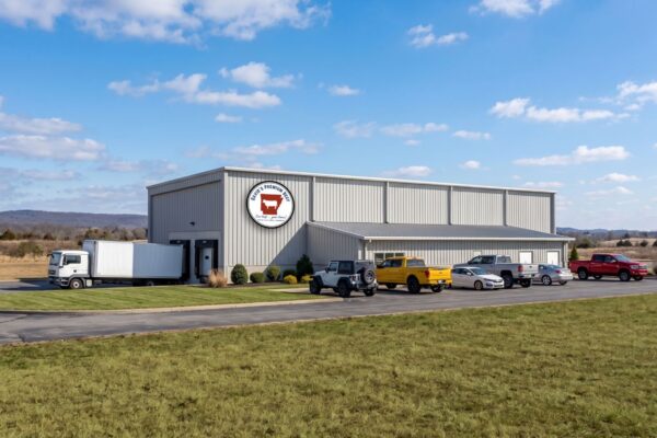 Rendering of a gray metal processing building with a David's Premium Beef logo, a box truck at a loading dock and vehicles parked in front