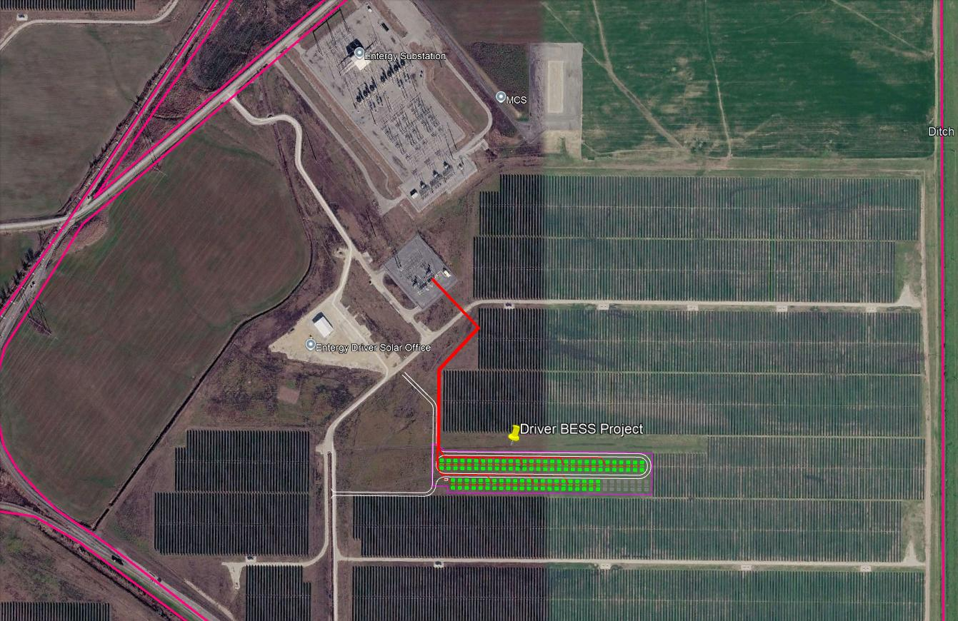 Satellite map of the Driver Solar site near Osceola with the planned battery rows marked