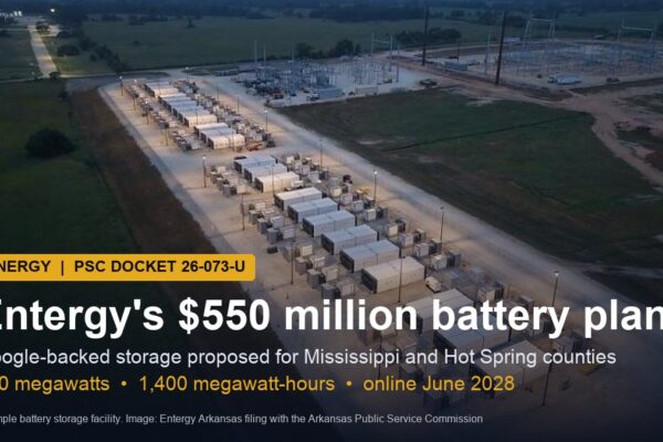 Rows of battery containers at an example storage plant with the headline Entergy's $550 million battery plan