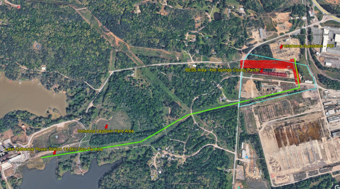 Satellite map showing the Jones Mill battery site near the Arklahoma substation and Lake Catherine