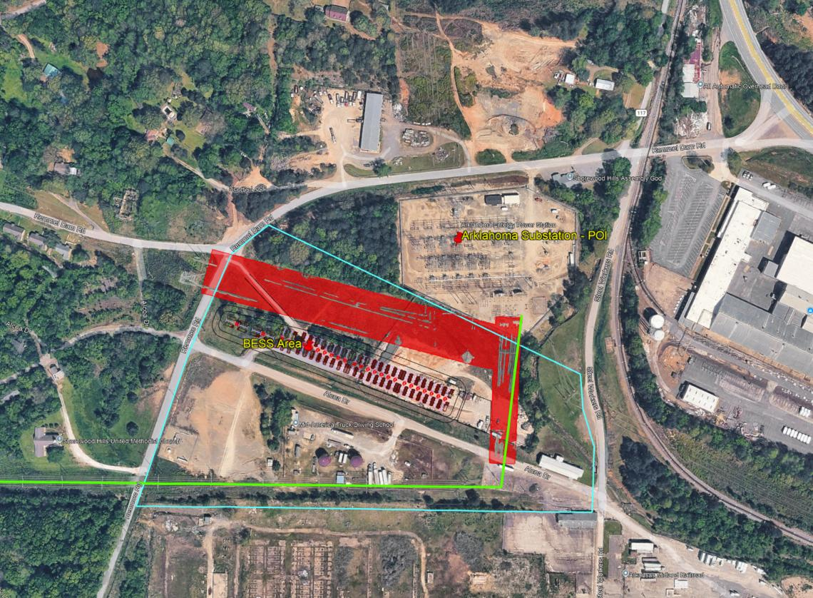 Close-up satellite map of the Jones Mill battery parcel beside the Arklahoma substation