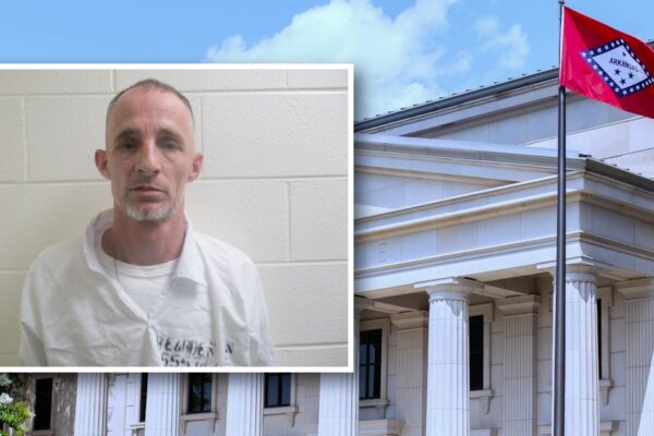 Arkansas Department of Corrections photo of Nathaniel Bearden over a photo of the Justice Building in Little Rock