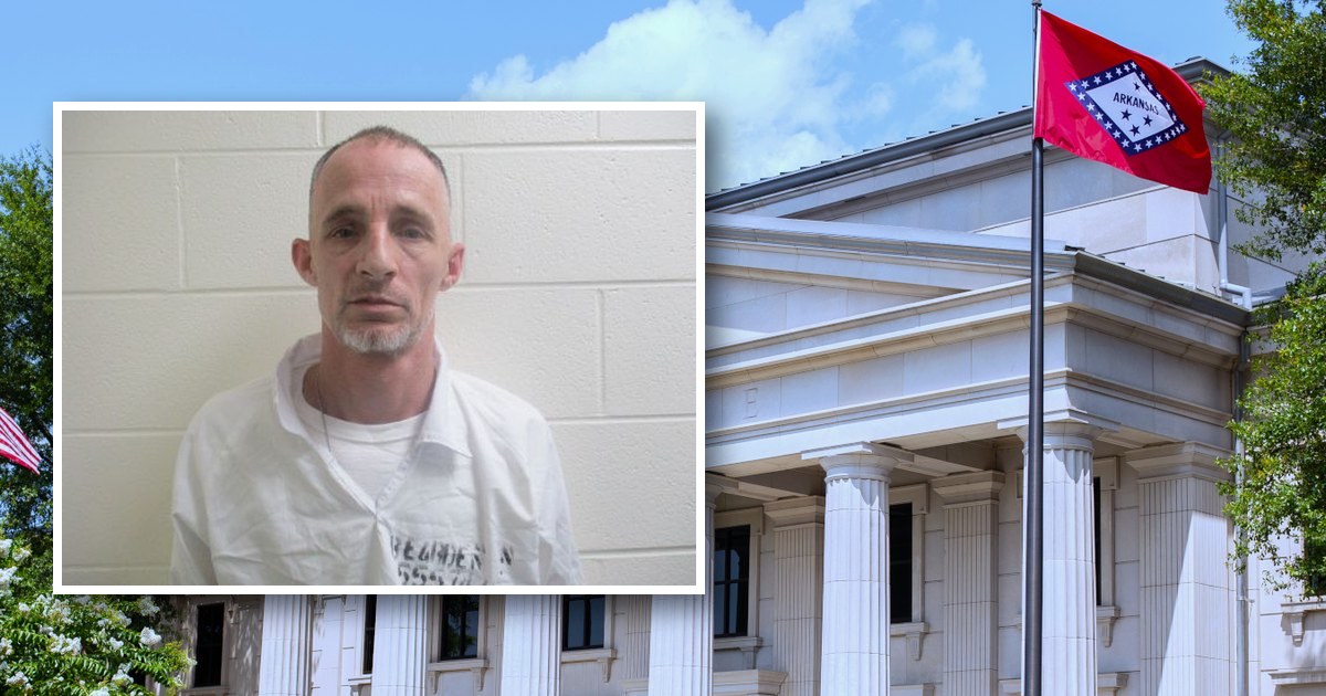 Arkansas Department of Corrections photo of Nathaniel Bearden over a photo of the Justice Building in Little Rock