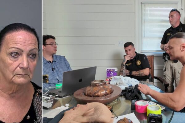 Booking photo of Patti Lynn Dunlap of Hardy, left, and Trilogy Media's Ashton Bingham and Art Kulik with two Baxter County investigators at a kitchen table in the sting house