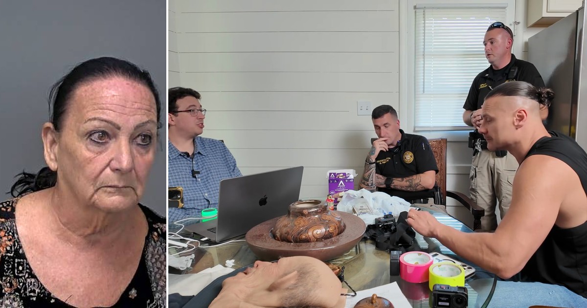 Booking photo of Patti Lynn Dunlap of Hardy, left, and Trilogy Media's Ashton Bingham and Art Kulik with two Baxter County investigators at a kitchen table in the sting house