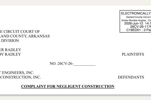 First page of the Radley complaint against Crist Engineers and Belt Construction in Garland County Circuit Court