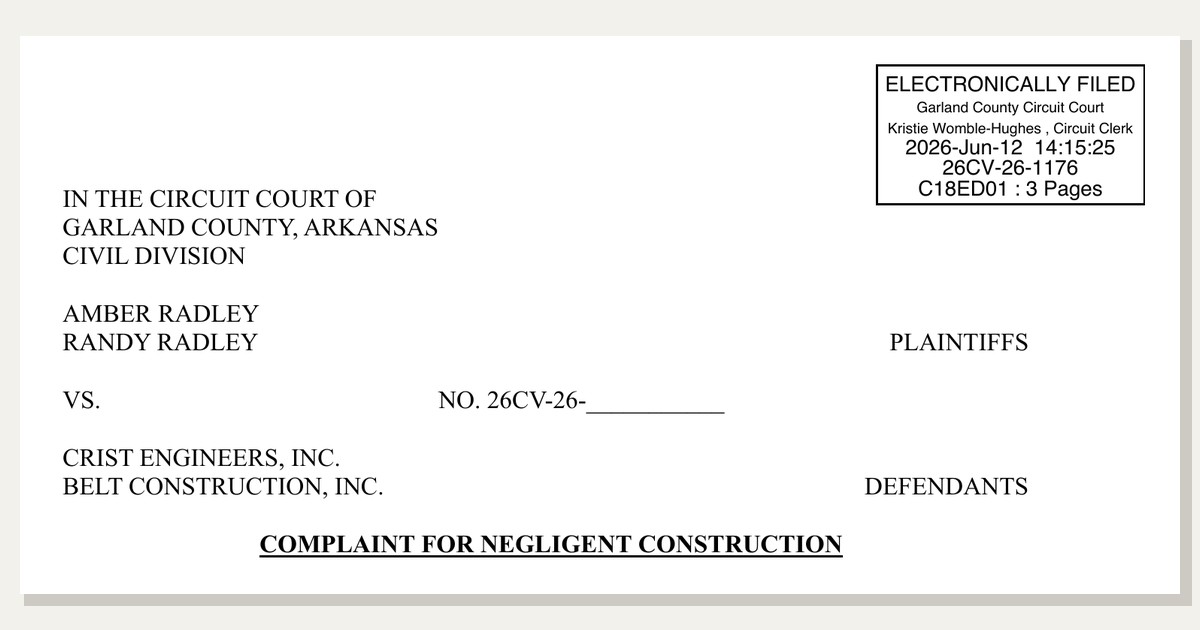 First page of the Radley complaint against Crist Engineers and Belt Construction in Garland County Circuit Court