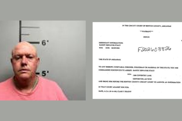 Booking photo of Randy DeWayne Stacy beside the Benton County Circuit Court bench warrant charging him with rape