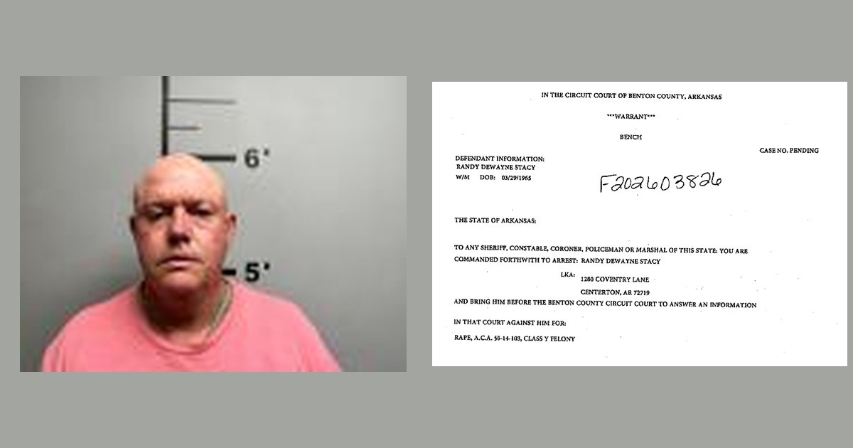 Booking photo of Randy DeWayne Stacy beside the Benton County Circuit Court bench warrant charging him with rape